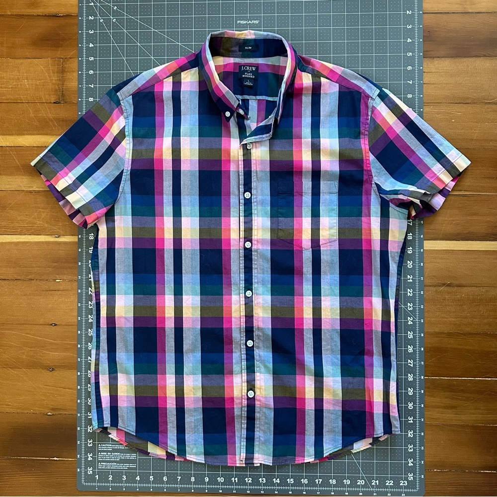 J Crew rainbow slim fit short sleeved plaid  Button down Shirt